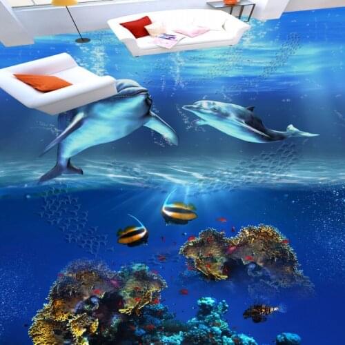 Free shipping kitchen hotel decoration self-adhesive sticker painting Dolphin Couples Sea World floor wallpaper mural