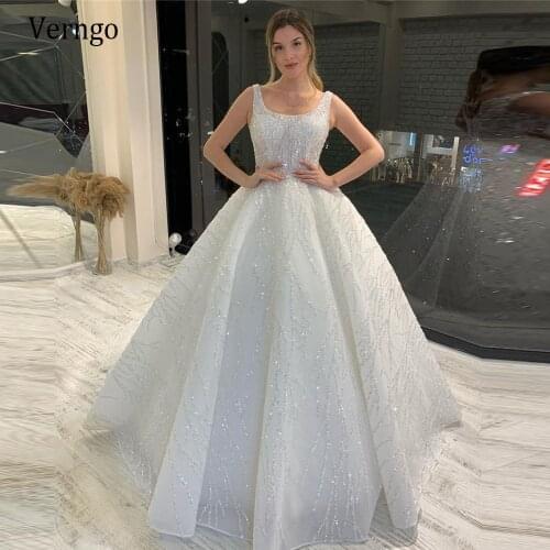Verngo Glitter A Line Wedding Dress 2021 Shiny Square Neck Princess Shiny Bride Gown Puff Open Skirt Lace Up Back Bridal Dresses