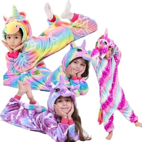Toddler Baby Boy Girl Winter One Piece Flannel Unicorn Pajamas Children Kigurumi Pijamas Onesie Kids For 4 6 8 10 12 Years
