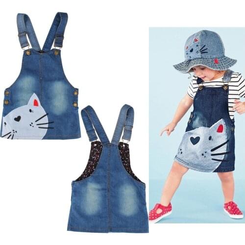 1-6Years Kid Toddler Clothes Summer Cartoon Cat Denim Printed Dress Kids Girls Cute Cat Dress Hot