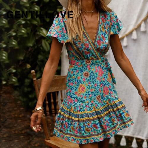 Gentillove Elegant Short Sleeve V Neck Boho Sundress Women Casual Summer Floral Print A Line Dress Sashes Holiday Beach Party