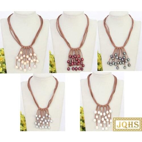 JQHS 16" 5row 13mm Rice Baroque Pink White Black Purple Wine Red Pearl Beads Coffee Leather Necklace J11228-3