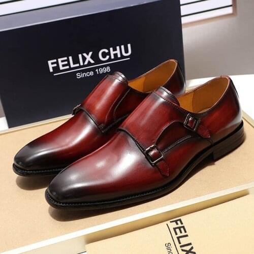 Classic Genuine Leather Mens Double Monk Strap Dress Shoes Men Black Burgundy Party Wedding Shoe Formal Business Office Shoes