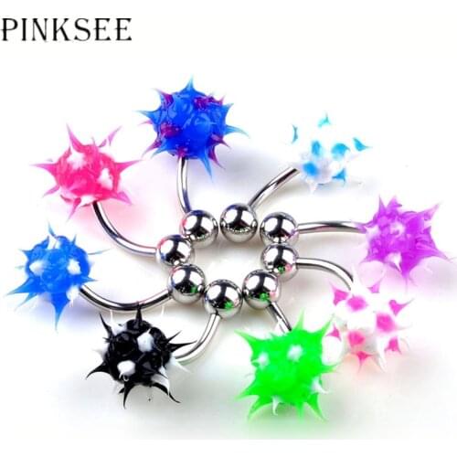 PINKSEE 10Pcs Mixed Colors Punk Stainless Steel Spike Ball Belly Button Ring Barbells Navel Rings Unisex Body Piercing Jewelry