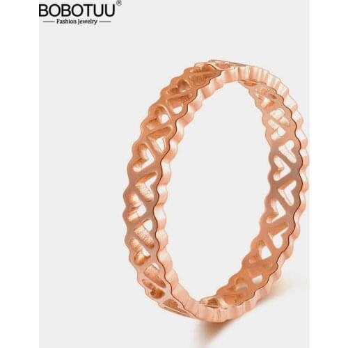 BOBOTUU Titanium Stainless Steel Hollow Love Heart Ring Trendy Office Style Rose Gold Party Rings For Women Girls BR19180