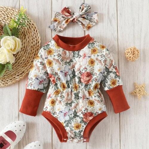 New Baby Girl 2 Piece Set Baby Girl Clothes Spring Fall Floral Print Long Sleeve Baby Bodysuits+headband Boho Baby Rompers 0-18M