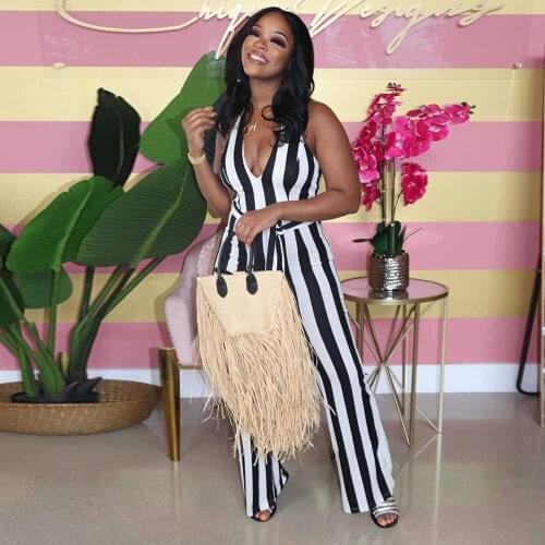Black White Vertical Striped Rompers Womens Jumpsuit Halter Neck Backless Bell Bottom Overall Casual Female Night Club Outfits