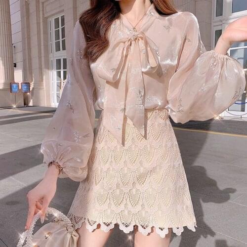 New Luxurious Two Piece Set Women Outfits Floral Embroidery Bow Tie Blouse Skirt + High Waist Slim Shorts Sets Sweet Pant Suits