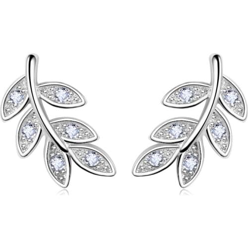 Korean Popular Fashion Silver Color Micro Zircon Leaves Studs Earrings For Women Elegant Crystal Small Earrings Piercing Jewelry