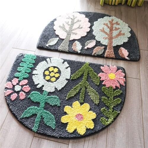 Flower Printed Parlor Bedroom Chair Rugs Toilet Bath Decorate Half Round Carpets Non-slip Door Bath Mat for Living Room