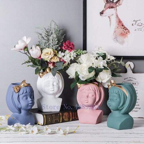 Creativity Ceramics Vase Human Head Girl Artistic Portrait Sculpture Flower Pot Modern Home Decoration Ornaments Flowers Vases