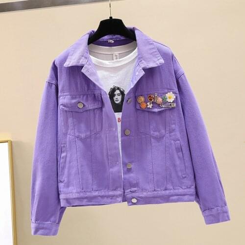 Korean Vintage Purple Short Denim Jacket Chic Beaded Decoration Spring Autumn 2021 New Loose Casual Single-breasted Jeans Jacket