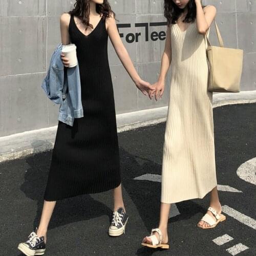 Summer 2021 Knitted V-neck Vest Dress Robe Femme Pullover Straight Vestidos Bodycon Ladies Dresses Basic Black Clothes