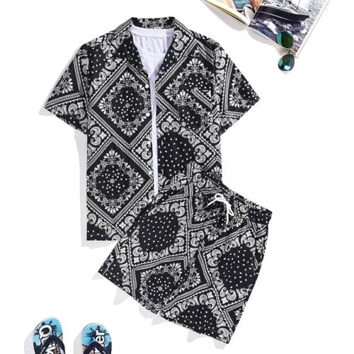 Summer 2021 new European and American 3d digital printing plant flower shirt shorts casual set