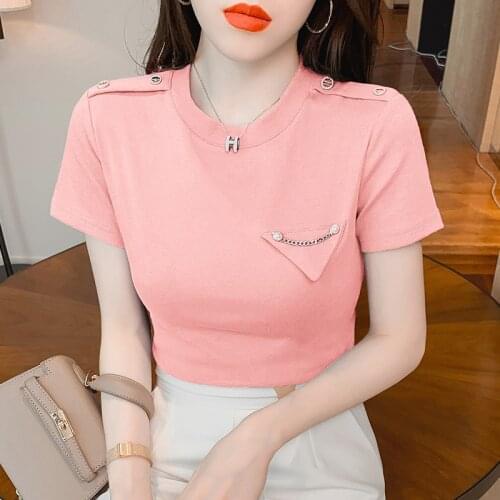 New T-shirts Women 2021 Vogue Vintage Buttons epaulet Tshirts Cotton Women O Neck Short Sleeve Lady Tshirts