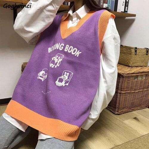 Autumn Women Sweater Vest Cartoon Student Patchwork V-neck Loose Kawaii Japanese Vintage Style Young New Sleeveless Knitted Tops