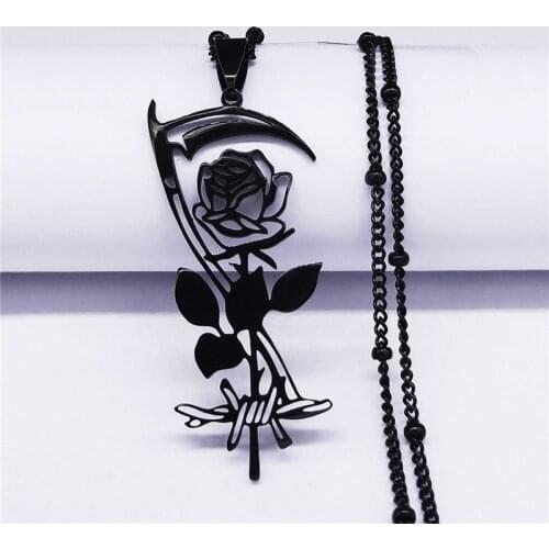 New Fashion Goth Sickle Rose Stainless Steel Charm Necklaces for Women Black Color Necklaces Jewelry colier femme N4420S02