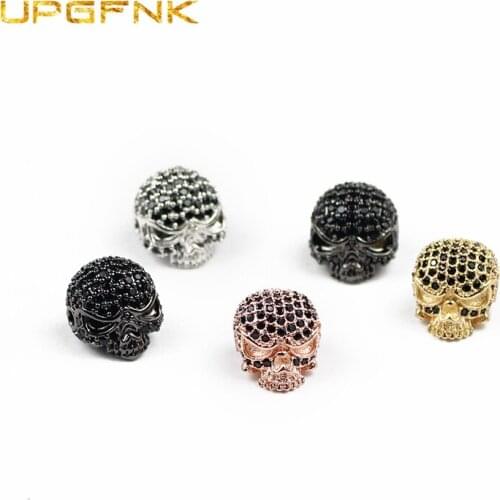 UPGFNK Micro Pave CZ Skull Pendant Copper Spacer beads Black Zircon Charms Loose beads for Jewelry making bracelet Necklace DIY