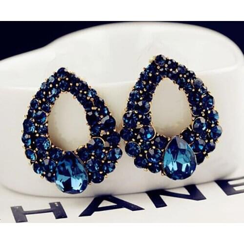 Luxury Blue Crystal Water Drop Earrings 2020 Big Statement Geometric Gold Rhinestone Zircon Dangle Earring Jewelry for Women