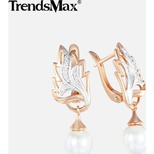 Womens Pearl Earrings 585 Rose Gold Cubic Zircon Drop Earrings Woman Fashion Wedding Party Jewelry Valentines Gifts KGE114