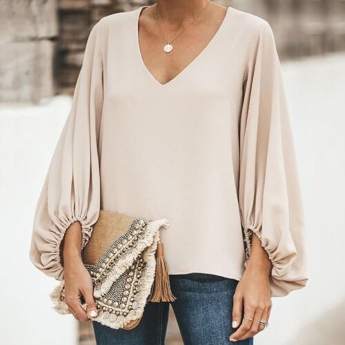 Chiffon V Neck Womens Blouse Tops Lantern Long Sleeve Plain Loose Summer Ladies Pullover Oversized Elegant Female Blouses