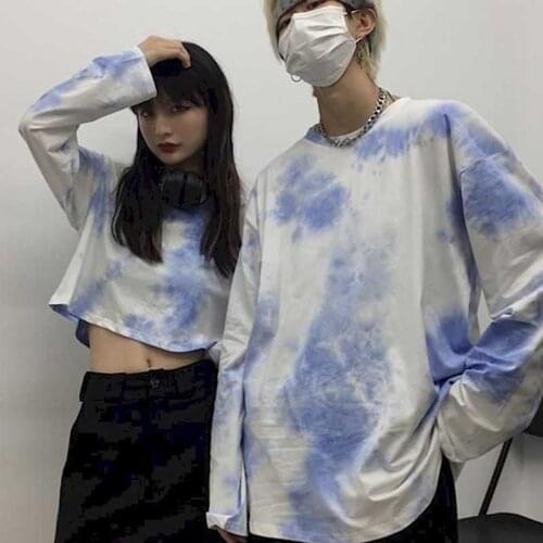 Long-sleeved top student Korean version of the round neck loose Harajuku style tie-dye t-shirt female 2020 autumn personalit