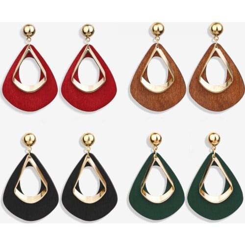 Vintage Hollow Water Drop Wooden Dangle Earrings For Women Jewelry Female Red Green Black Earrings 2019 Pendientes