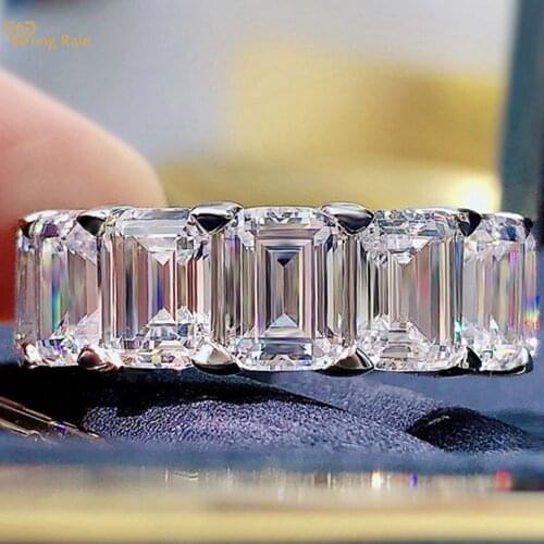 Wong Rain New 925 Sterling Silver Emerald Cut Created Moissanite Gemstone Wedding Unisex Ring Fine Jewelry Band Gift Wholesale