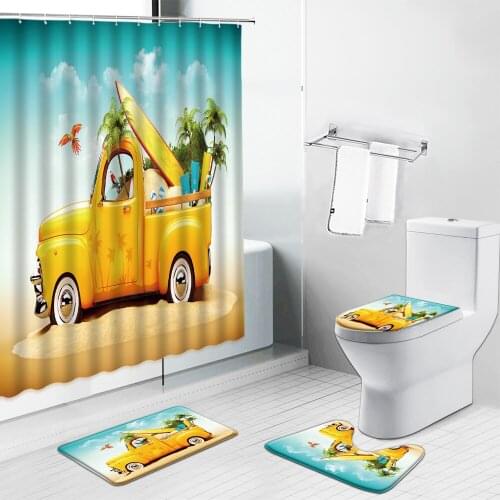 Seaside Travel Bus Surfboard Palm Tree Scenery Shower Curtains Beach Non-Slip Rug Toilet Lid Cover Bath Mat Bathroom Curtain Set