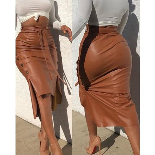 Womens Faux Leather Mid-calf Skirt High Waist Button Trim Solid Color Slit Bodycon Pencil Skirt with Belt Trendy Office Skirts