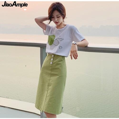 Women Summer T-Shirt Skirts Set 2021 New Cozy Cotton Short Sleeve Pullover Girls Student Korean Leisure Clothing Suit Lady Dress