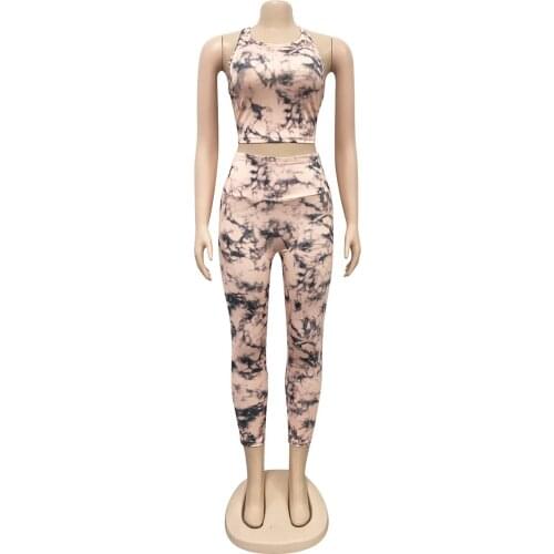 Women Casual Printed 2 Piece Outfit, Sleeveless Crop Tank Top + High Waist Cropped Pant Clothes Sets