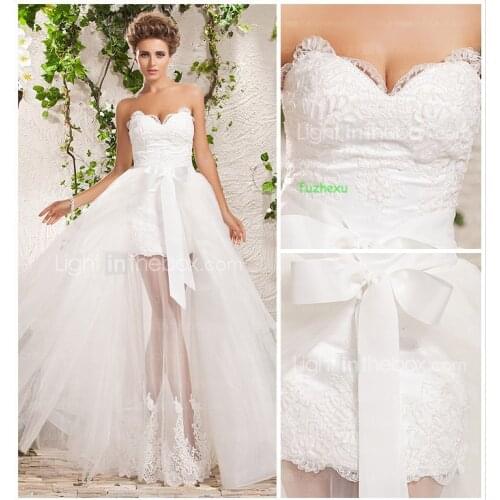 Free shipping 2015 vestidos de festa vestido Detachable new Short white ivory lace appliques sweetheart custom wedding dresses