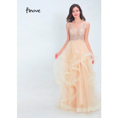 Finove Prom Dress New 2020 Sexy Tank V Neck Ruffles Beaded Dress Long Floor Length Formal Party Dress Gowns For Girls Plus Sizes