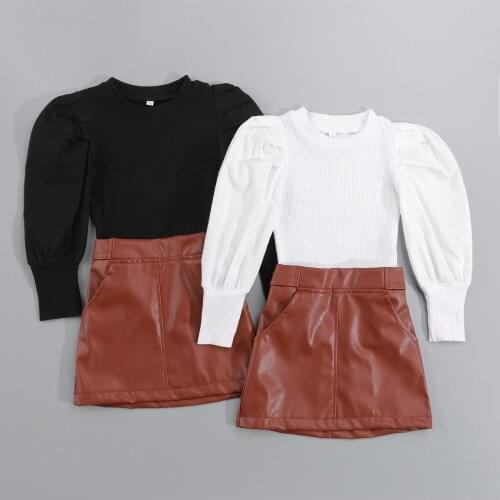 Summer Fall 2PCS Toddler Girls Stylish Casual Outfits Long Puff Sleeve Rib Knit Tops + Mini Leather Skirt Set Black/White