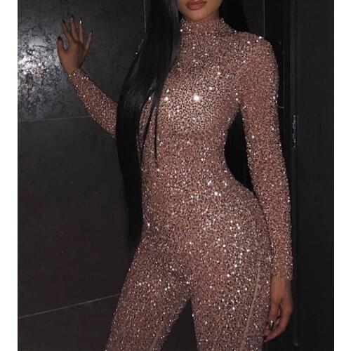 2019 round neck sexy bodysuit adult female long sleeve transparent sequins sexy party nightclub party tights