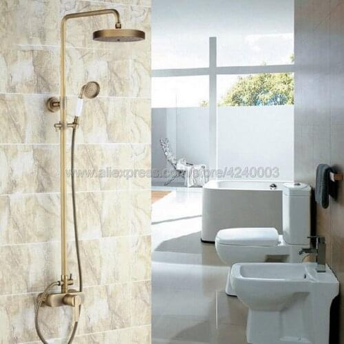 Antique Brass Bathroom Rainfall Shower Faucet Set Mixer Tap With Hand Sprayer Wall Mounted Krs178