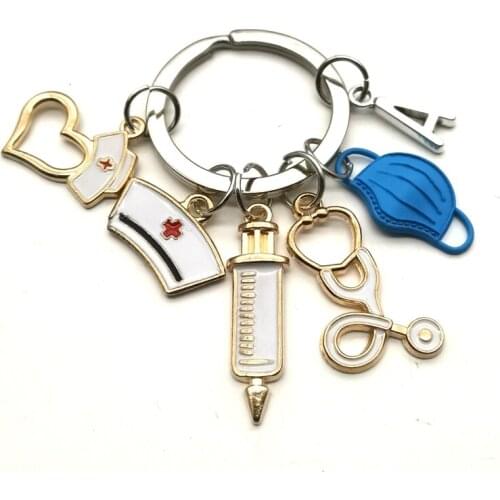26 Letters, New White Design Keychain Doctor Medical Tool Stethoscope Syringe Face Mask Key Ring Nurse Medical Gift Keychain