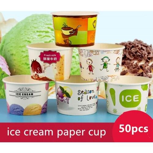 50pcs Creative cartoon ice cream paper cup 260ml small disposable fried yogurt bowl takeaway packaging cups with transparent lid