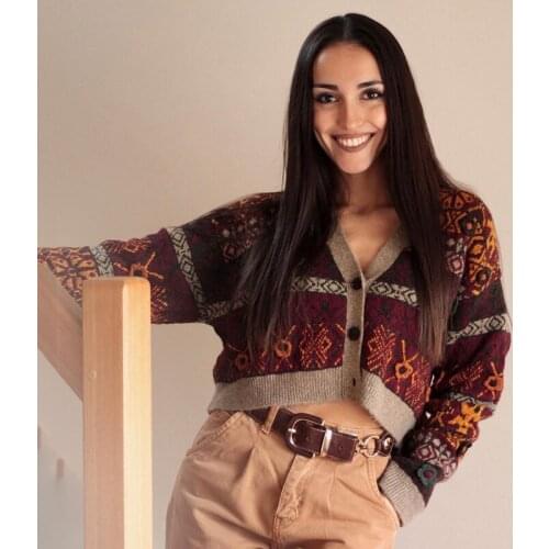 Ardm Vintage Cardigan Women Floral Jacquard Cropped Knitted V Neck Long Sleeve Female Winter New Outerwear Chic Tops