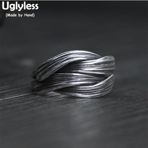 Uglyless Real S999 Silver Handmade Brushed Weave Finger Rings for Women Thai Silver Black Open Ring Ethnic Vintage Fine Jewelry