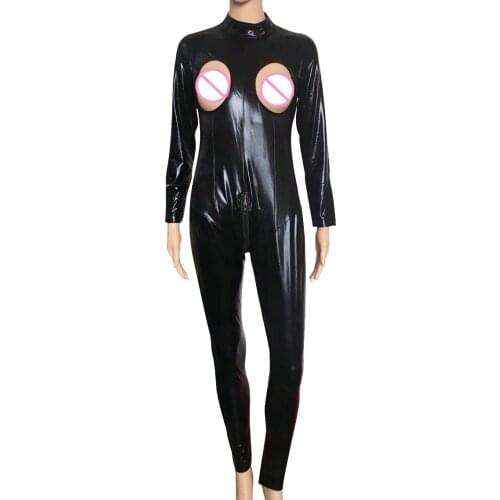 Hollow Out Bare Chest Long Sleeve Zipper Open Crotch Bodysuit PU Leather Bodycon Jumpsuit Bodystocking Sexy Hot Erotic Clubwear