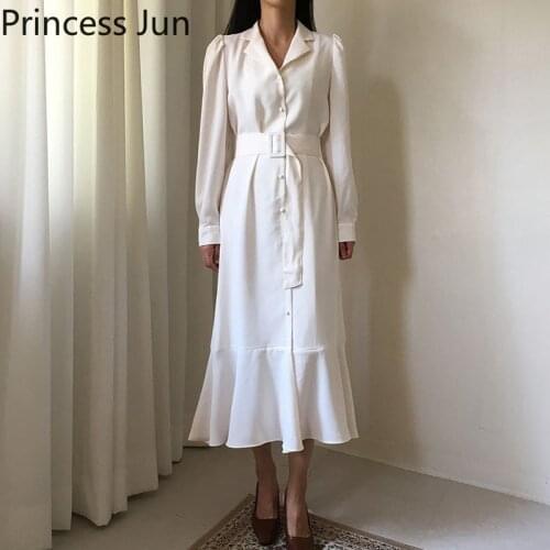 Korean Chic Simple Style Midi Dress New Fashion French Retro Belt Slim Mermaid Dress Long Sleeve Single Breast Dress Vestidos