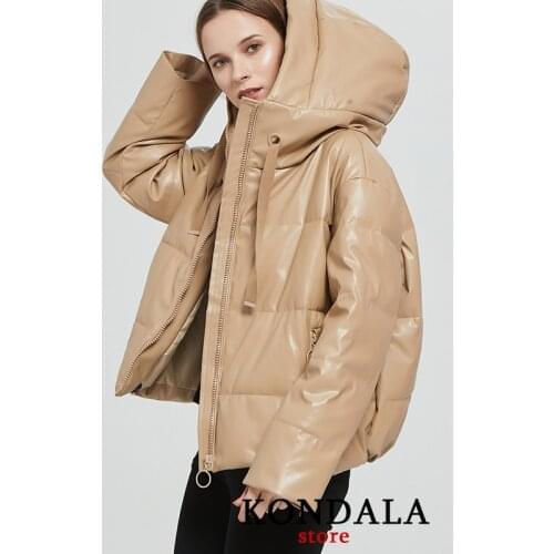 KONDALA Za 2020 Fashion Winter Hooded Thick Jackets Women Zipper Parkas Women Faux Leather Cotton Jackets Female Ladies