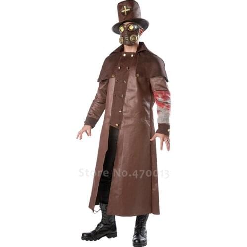 Jackets Mask Hat Halloween Men Cursed Priest Plague Doctor Scary Cosplay Costume Carnival Party Steampunk Style PU Leather Coat