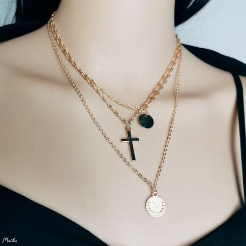 Fashion Simple Religious Cross Women Necklace Multi-layer Alloy Sequin Collar Chain Jewelry