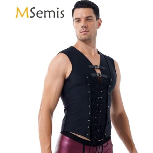 Mens Punk Lace-up Front Tank Top Gothic Adjustable Buckle Decor Sleeveless T-shirt Rave Party Clubwear for Music Festival