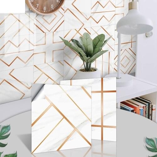Nordic golden geometric line wall tile stickers Durable kitchen oil-proof tile sticker Living room aisle renovation wallpaper