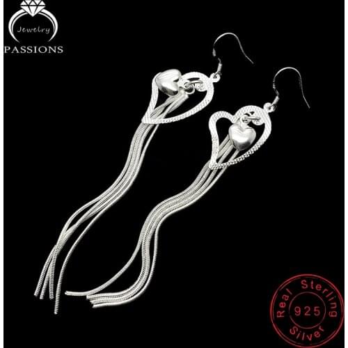New Ethnic Style Love Heart Dangle Long Tassel Drop Earrings 925 Sterling Silver Women Jewelry Exquisite Earings Birthday Gift