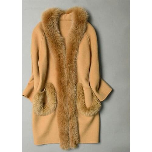 Double sided woolen fabric fox fur collar womens fashion luxury mid-long coat brown black grey M/L